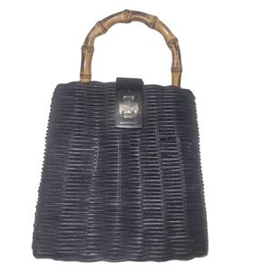 Zara Black Mini Wicker Woven Handbag with Bamboo Handle